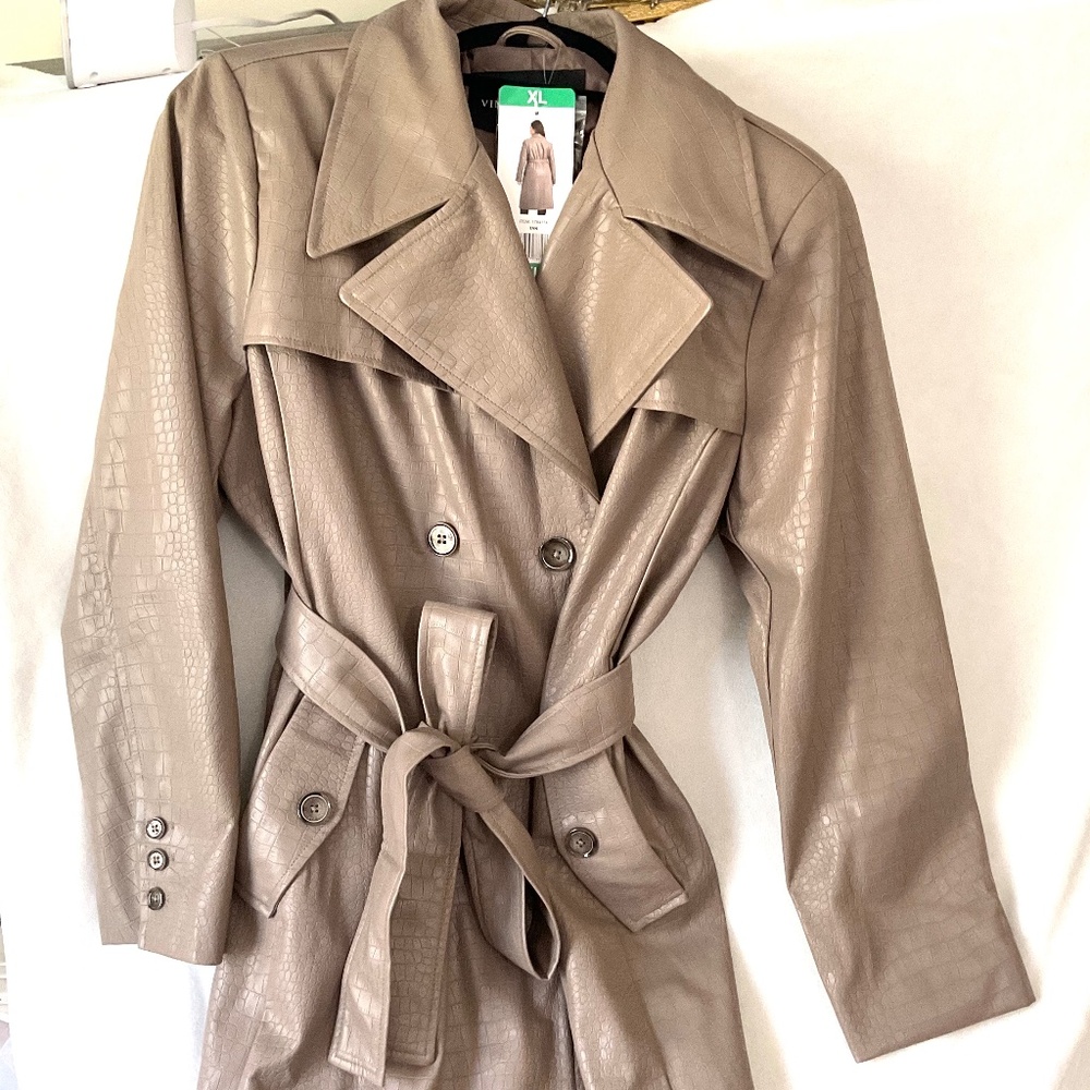 NWT Vince Camuto Faux Leather Trench Coat Tan Croc Embossed  Maxi Jacket Size XL - Picture 3 of 14